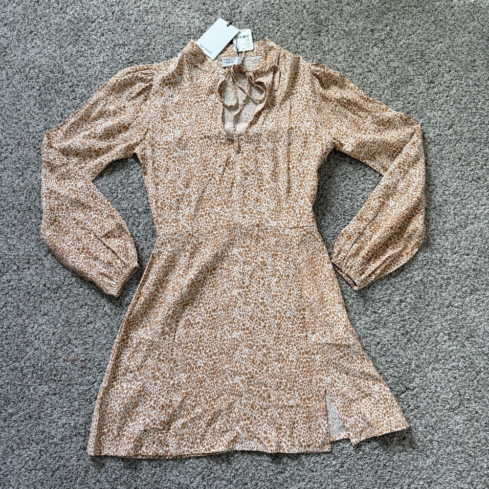 NWT Rue Stiic Free People Full Sleeve Brown Cream Printed Mini Dress Women’s XS